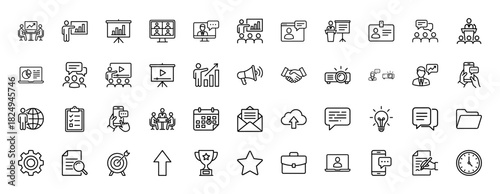 Business and presentation line icon set. Vector pictograms of teamwork, meeting, chart, calendar, and communication, thin linear illustration.