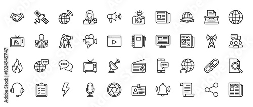 Journalism and media line icon set. Vector pictograms of newspaper, camera, microphone, globe, and satellite, thin linear illustration.