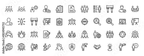 Business and human resources line icon set. Vector pictograms of teamwork, recruiting, meeting, and career growth, thin linear illustration.