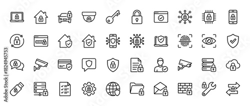 Cybersecurity and digital protection line icon set. Vector pictograms of padlock, shield, surveillance, key, and server, thin linear illustration.