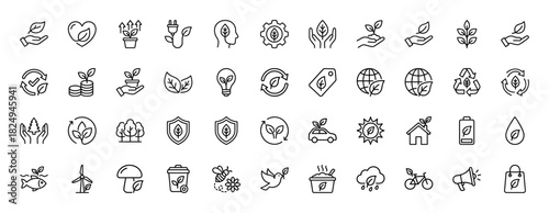 Ecology and environment line icon set. Vector pictograms of nature, recycling, renewable energy, and sustainable lifestyle, thin linear illustration.