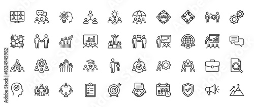 Corporate business and team management line icon set. Vector pictograms of teamwork, brainstorming, target, and meeting, thin linear illustration.