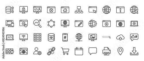 Web development and internet technology line icon set. Vector pictograms of server, browser, network, and security, thin linear illustration.