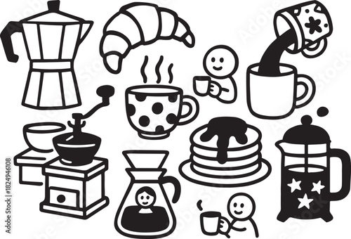 Delightful hand-drawn coffee and breakfast set. moka pot, grinder, french press, pour-over, croissant, pancakes, happy people enjoying.