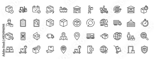 Logistics and delivery line icon set. Vector pictograms of shipping, warehouse, tracking, and transport vehicles, thin linear illustration.