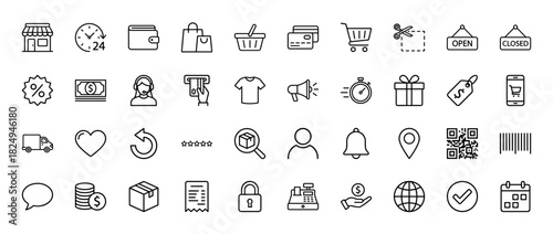 E-commerce and shopping line icon set. Vector pictograms of shopping cart, delivery truck, price tag, wallet, and qr code, thin linear illustration.