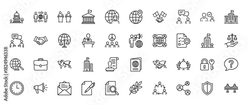 Government and law line icon set. vector pictograms of politics, justice, international relations, and diplomacy, thin linear illustration.