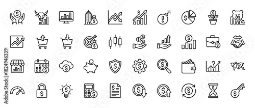 Finance and business line icon set. Vector pictograms of charts, money bags, calculator, wallet, and calendar, thin linear illustration.
