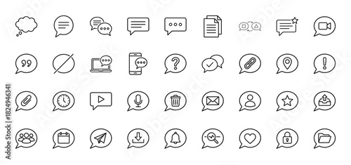 Communication and user interface line icon set. Vector pictograms of chat bubbles, message status, and user actions, thin linear illustration.