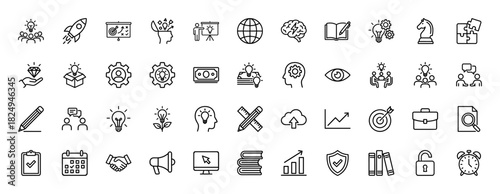 Business and startup line icon set. Vector pictograms of idea, teamwork, strategy, target, and success, thin linear illustration.