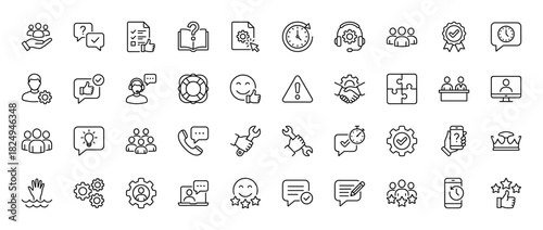 Customer service and support line icon set. Vector pictograms of feedback, quality, assistance, and technical help, thin linear illustration.