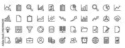 Business and data analysis line icon set. vector pictograms of charts, documents, databases, and calendar, thin linear illustration.