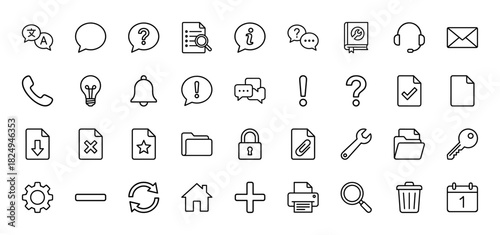 Universal user interface line icon set. Vector pictograms of help, chat, folder, settings, key, document, and calendar, thin linear illustration.