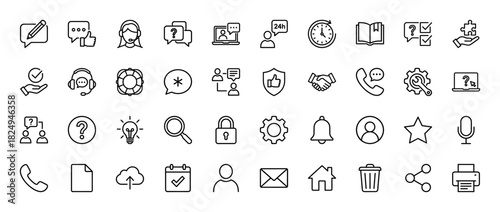 Customer service and support line icon set. Vector pictograms of headset, chat bubble, calendar, and phone, thin linear illustration.