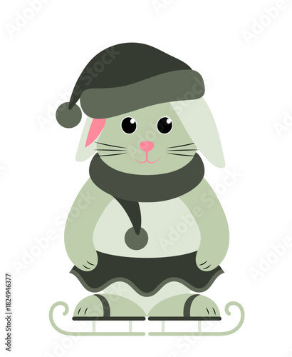 bunny girl with cap, scarf and skirt on ice skates isolated on white background