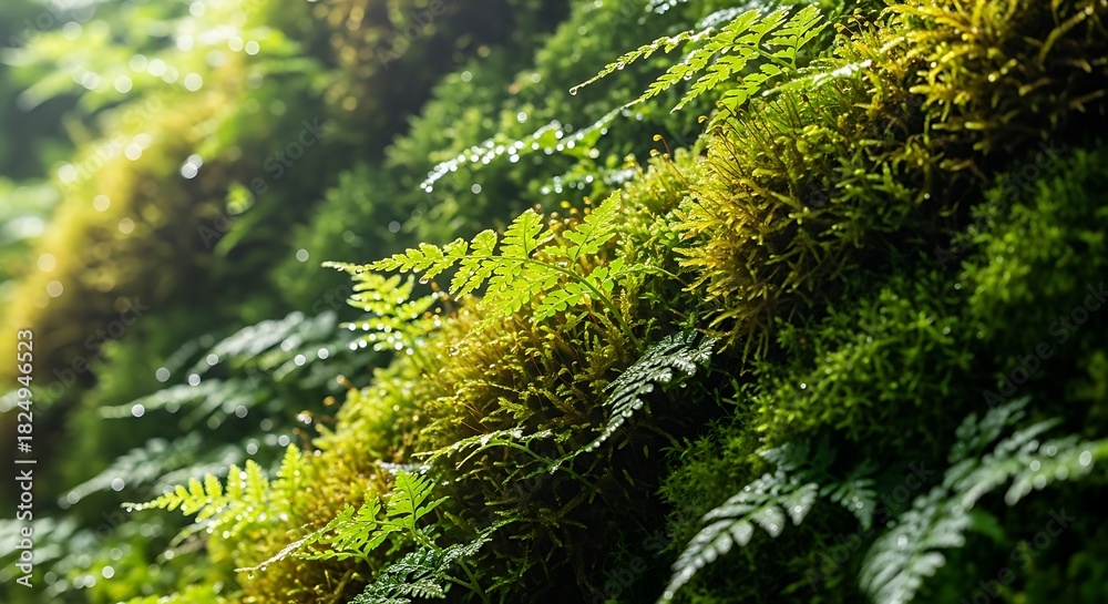 Fototapeta premium Lush green moss and ferns natural texture background perfect for environmental and nature-themed projects