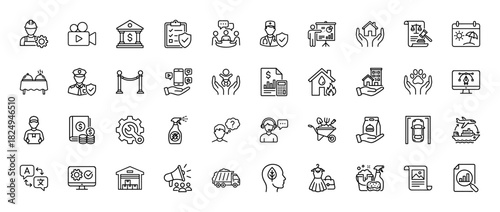 Business and service line icon set. vector pictograms of banking, health, travel, security, logistics, and data analysis, thin linear illustration.