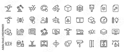 Industrial design and 3d printing line icon set. vector pictograms of additive manufacturing, engineering, and digital creation tools, thin linear illustration.