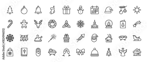 Christmas and winter holiday line icon set. Vector pictograms of gift, snowman, stocking, and calendar, thin linear illustration.