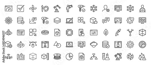 Technology and innovation line icon set. Vector pictograms of robotics, 3d printing, coding, and scientific research, thin linear illustration.