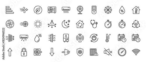 Hvac climate control line icon set. vector pictograms of air conditioning, thermometer, fan, and thermostat, thin linear illustration.