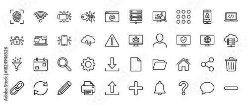 Technology and data security line icon set. Vector pictograms of fingerprint, server, cloud computing, and calendar, thin linear illustration.