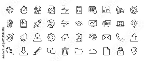 Business and management line icon set. Vector pictograms of task list, strategy, teamwork, and analysis, thin linear illustration.