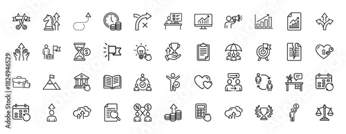 Business and finance line icon set. Vector pictograms of clock, money, growth, calendar, and strategy, thin linear illustration.