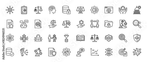 Artificial intelligence and legal ethics line icon set. Vector pictograms of scales, robot, database, and magnifying glass, thin linear illustration.