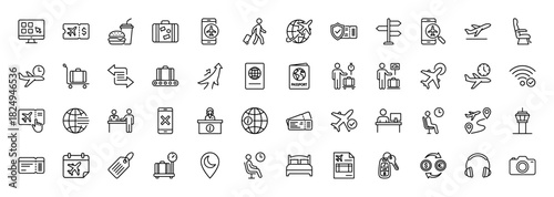 Travel and tourism line icon set. Vector pictograms of airplane, passport, ticket, luggage, and check-in desk, thin linear illustration.