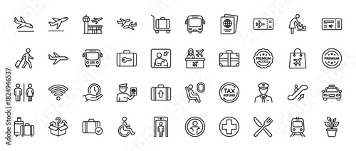 Travel and airport line icon set. Vector pictograms of airplane, luggage, ticket, passport, and customs, thin linear illustration.