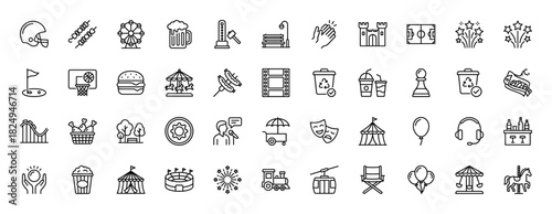 Entertainment and recreation line icon set. Vector pictograms of roller coaster, ferris wheel, popcorn, and castle, thin linear illustration.