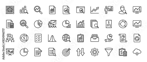 Business analytics and data reporting line icon set. Vector pictograms of charts, graphs, finance, and target, thin linear illustration.