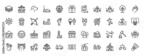 Amusement park and entertainment line icon set. Vector pictograms of ferris wheel, rollercoaster, cotton candy, tickets, and arcade games, thin linear illustration.