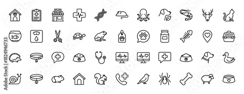 Veterinary medicine and pet care line icon set. Vector pictograms of dog, cat, snail, stethoscope, clinic, and medical cross, thin linear illustration.