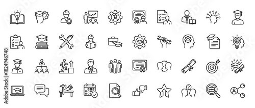 Education and career line icon set. Vector pictograms of graduation cap, diploma, target, idea, and gear, thin linear illustration.