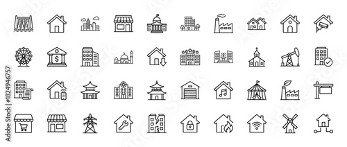 Real estate and city building line icon set. Vector pictograms of store, house, factory, dam, and hospital, thin linear illustration.