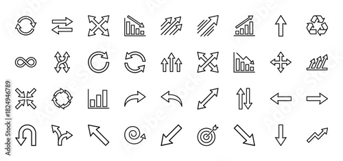 Business and finance icon set. vector pictograms of growth charts, recycling, refresh, direction, and target symbols, thin linear illustration.