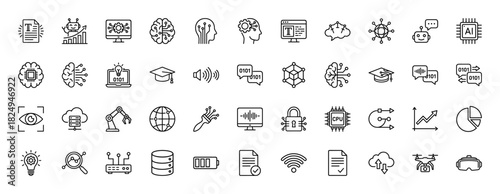 Artificial intelligence and technology line icon set. Vector pictograms of machine learning, cloud computing, cpu, data, and robotics, thin linear illustration.
