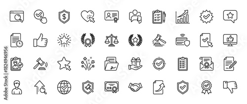 Quality assurance and verification line icon set. Vector pictograms of certificate, contract, checkmark, balance, and shield, thin linear illustration.