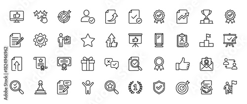 Success and achievement line icon set. Vector pictograms of certificate, trophy, star, target, document, and magnifying glass, thin linear illustration.