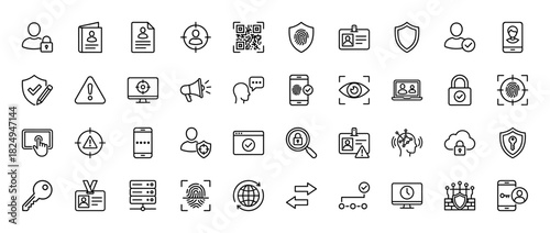 Cyber security line icon set. Vector pictograms of fingerprint, shield, key, cloud lock, and user access, thin linear illustration.