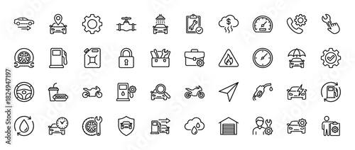 Automotive service and repair line icon set. Vector pictograms of car mechanics, fuel, tire, wrench, and service tools, thin linear illustration.