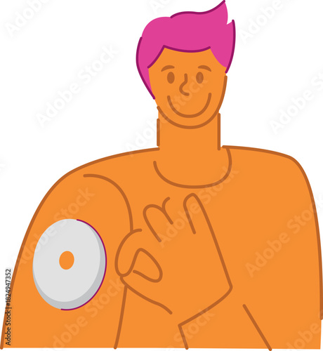 Vector illustration of a young man with type 1 diabetes, a character for an educational medical health resource, a sensor for measuring sugar, helping people