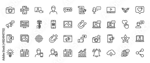 Social media marketing and digital promotion line icon set. Vector pictograms of megaphone, camera, smartphone, and calendar, thin linear illustration.