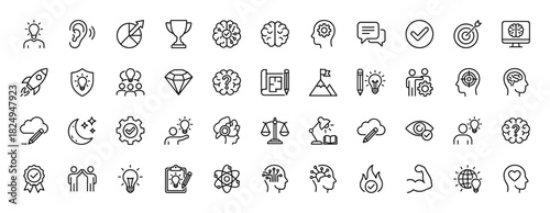 Business and strategy line icon set. Vector pictograms of brain, trophy, light bulb, diamond, and target, thin linear illustration.