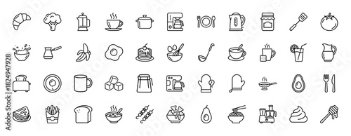 Food and kitchen line icon set. Vector pictograms of croissant, avocado, coffee maker, toaster, and utensils, thin linear illustration.
