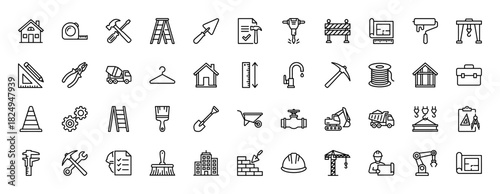 Construction and engineering line icon set. Vector pictograms of tools, buildings, and workers, thin linear illustration.