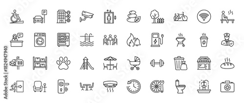 Amenities and services line icon set. Vector pictograms of hotel, car, bicycle, pool, store, fitness, and pet, thin linear illustration.