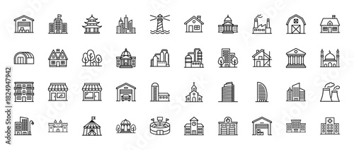 Architecture and cityscape line icon set. Vector pictograms of capitol, lighthouse, temple, factory, house, office, and stadium, thin linear illustration.
